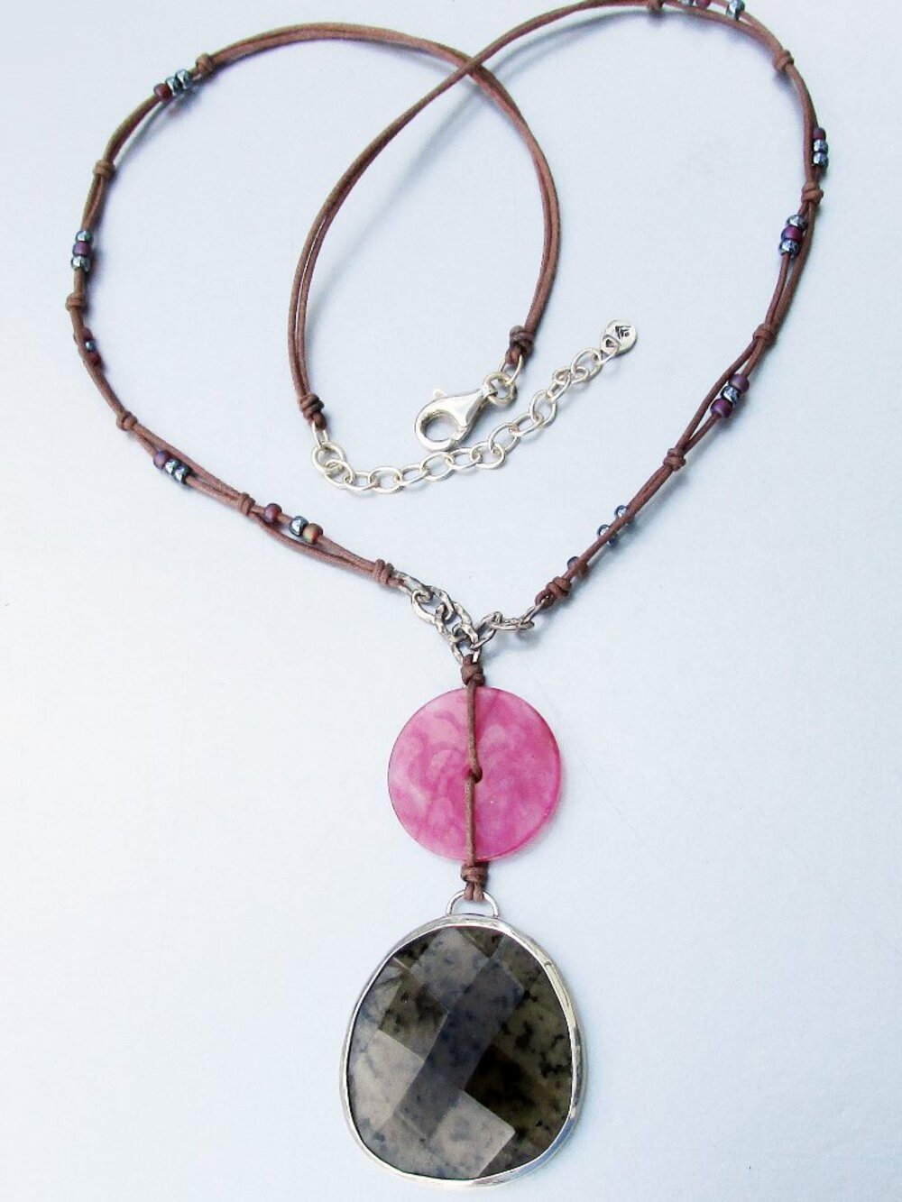 Signed SILPADA Sterling Silver Marble Quartzite 2 Str Cord Necklace N2229